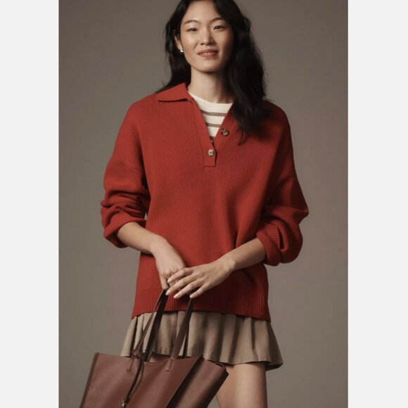 Reformation Anthropologie Brooklyn Polo Sweater Organic Cotton Sweater Red XS - Picture 10 of 10